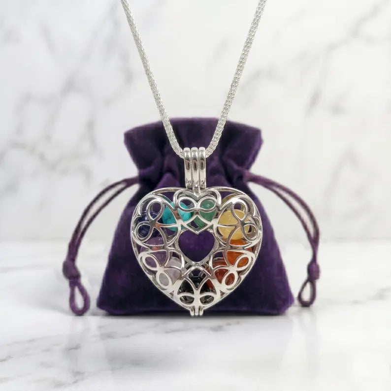 Sterling Silver Cage Pendant with Gemstone Options • Lovely Heart Design • White Gold Plated • 9 Chakra • Angelite • Dumortierite