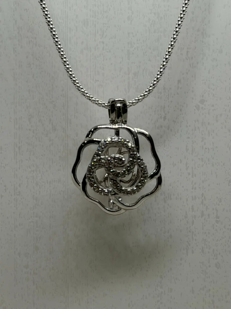 Sterling Silver Gemstone Cage Pendant • Flower CZ Swirl • Interchangeable Necklace • Fits 5mm Gem (3 pcs) • White Gold Plated