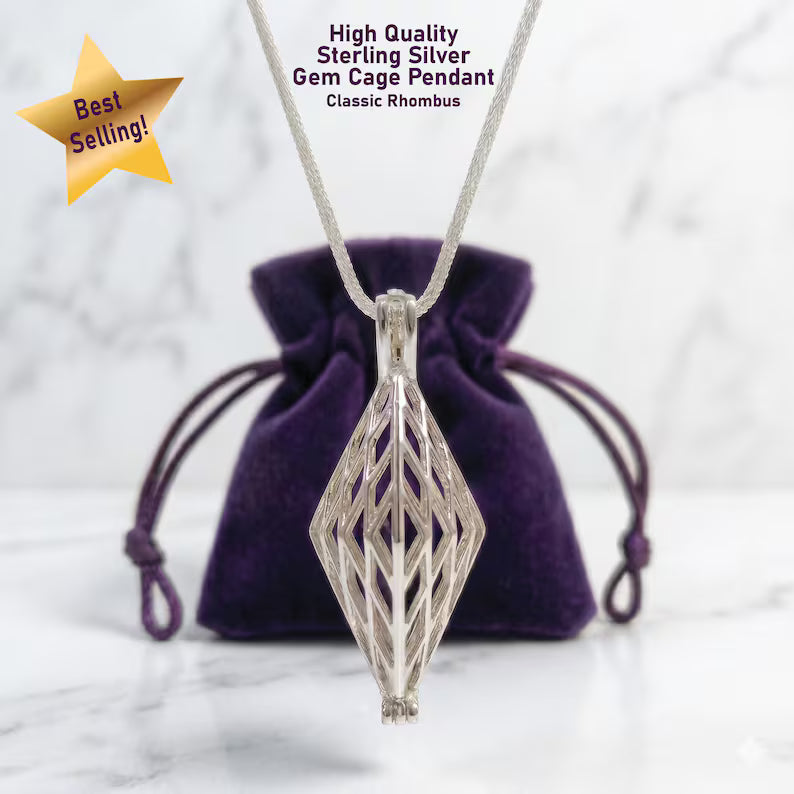 Sterling Silver Gemstone Cage Pendant • Classic Rhombus • Interchangeable Necklace • Fits 8mm (or 5 pcs 6mm) Gem • White Gold Plated
