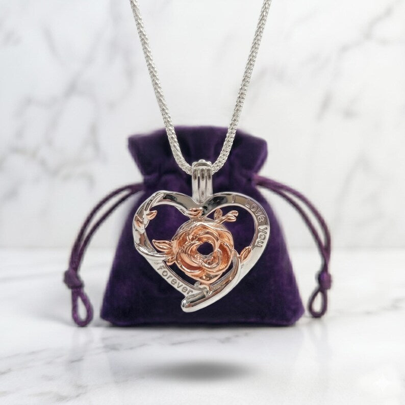 Romantic Cage Pendant Gift •'I Love You Forever' Rose Gold Rose on Sterling Silver (White Gold Plated)• Fits 6mm Gem • With Gemstone Options