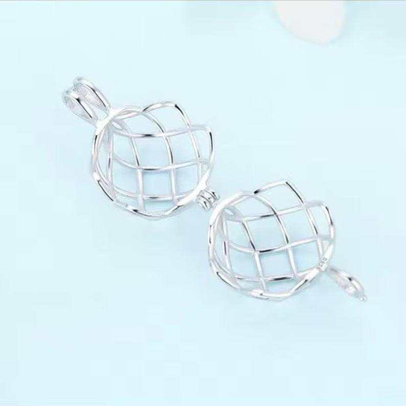 Sterling Silver Gemstone Cage Pendant • Round Classic • Fits 14mm Gem • White Gold Plated