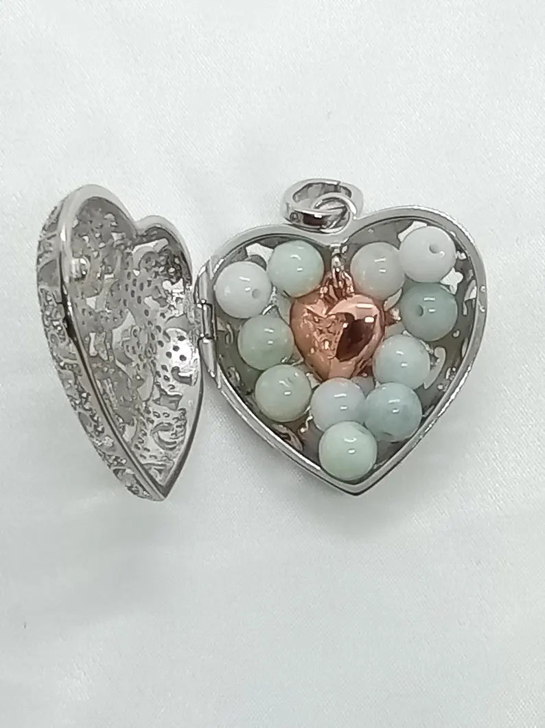 Elegant Heart Filigree Sterling Silver Locket Pendant Necklace • Hidden Surprise Inner Dangling Rose Gold Heart