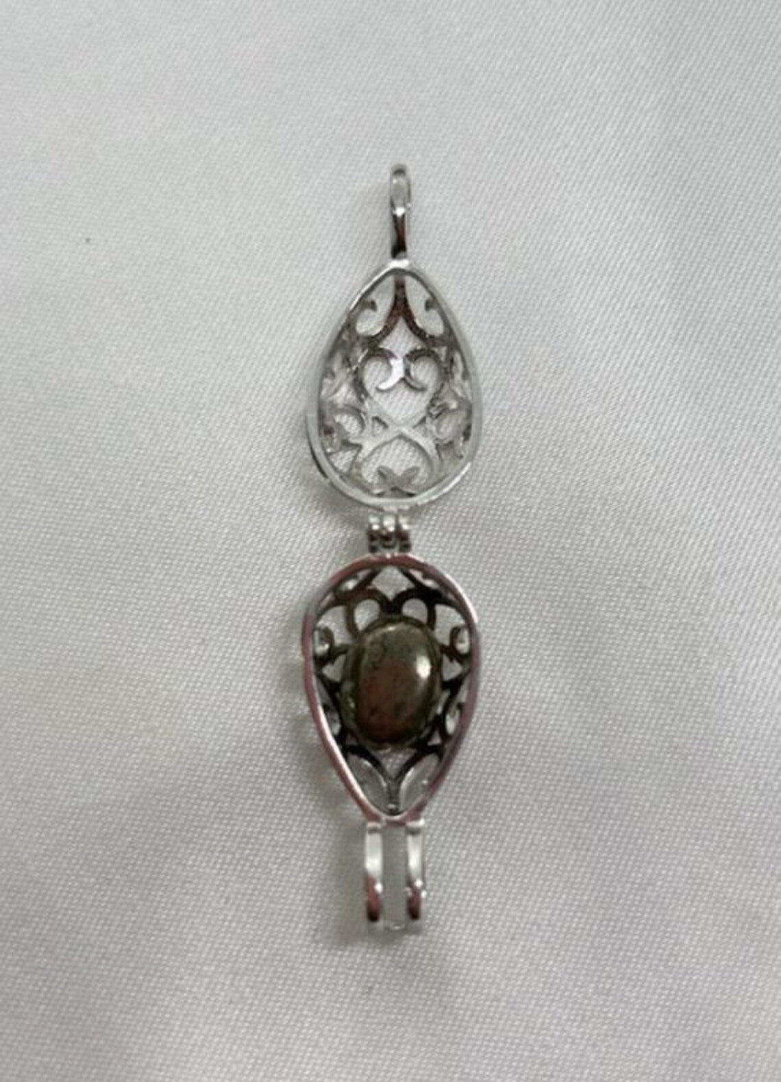 Sterling Silver Cage Pendant with Gemstone Options • Oval Egg Design • White Gold Plated • Peach Morganite • Green Fluorite • Gold Pyrite