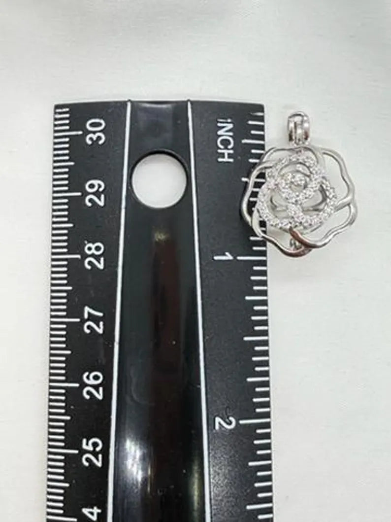 Sterling Silver Gemstone Cage Pendant • Flower CZ Swirl • Interchangeable Necklace • Fits 5mm Gem (3 pcs) • White Gold Plated