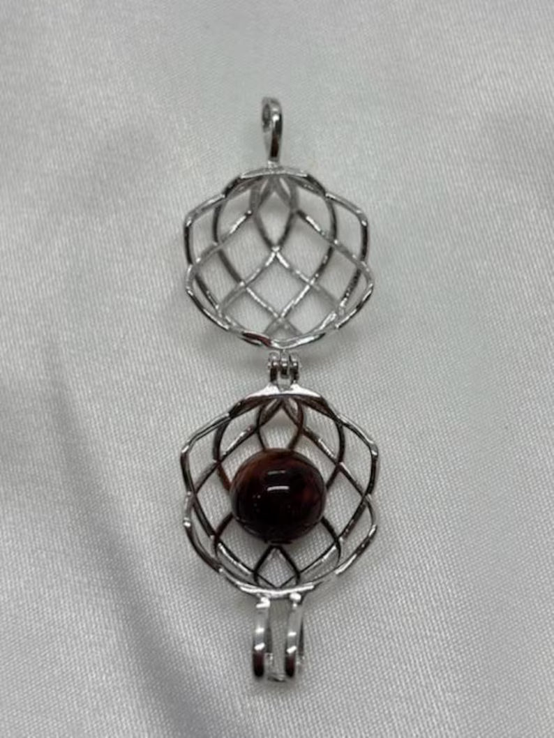 Sterling Silver Cage Pendant with Gemstone Options • Round Classic • White Gold Plated • Jade • Jasper • Peach Moonstone • Blue Lace Agate