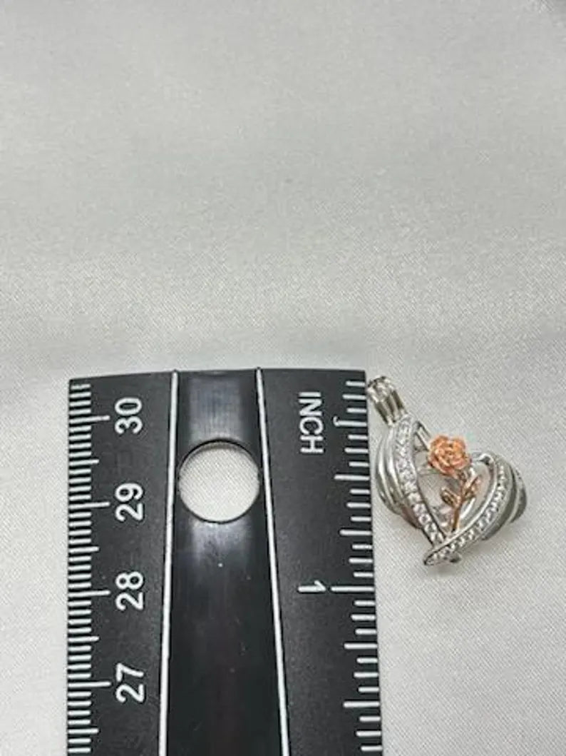 Romantic Cage Pendant Gift • Rose Gold Flower Bloom in 925 CZ Heart • Sterling Silver (White Gold Plated) • Fits 6mm Gem • With Gem Options