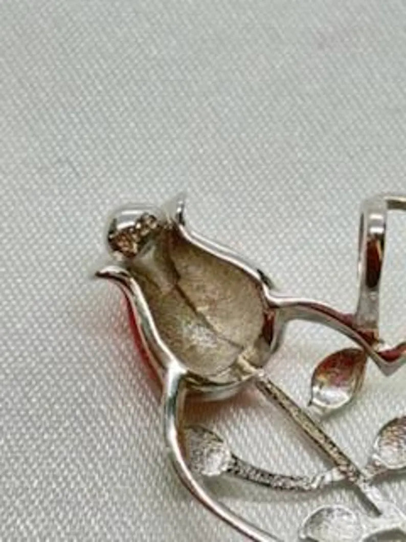 Romantic Cage Pendant Gift • Red Rose + Green Leaves Sterling Silver (White Gold Plated) • Fits 6mm Gem • with Gemstone Options
