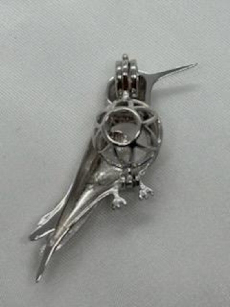 Sterling Silver Gemstone Cage Pendant • Precious Hummingbird • Fits 8mm Gem • White Gold Plated