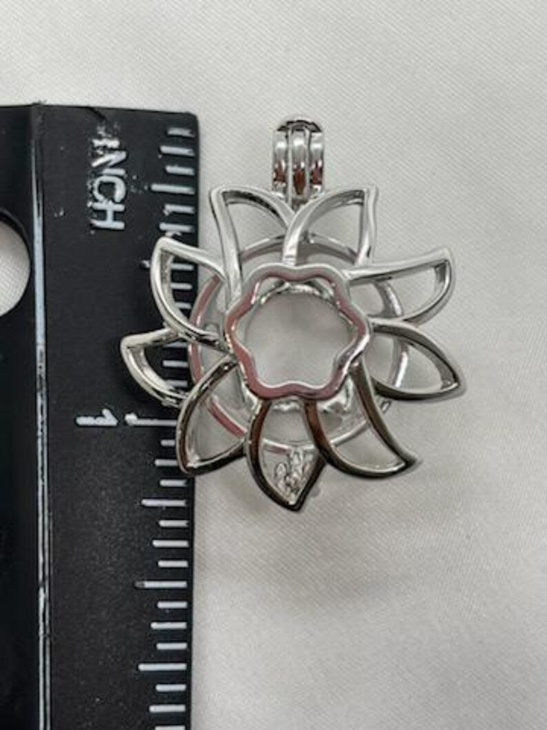 Sterling Silver Gemstone Cage Pendant • Large Sunflower Design • Fits 14mm Gem • White Gold Plated