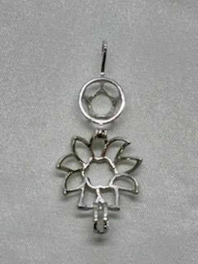 Sterling Silver Gemstone Cage Pendant • Sunflower Design • Fits 8mm Gem • Interchangeable Necklace • White Gold Plated