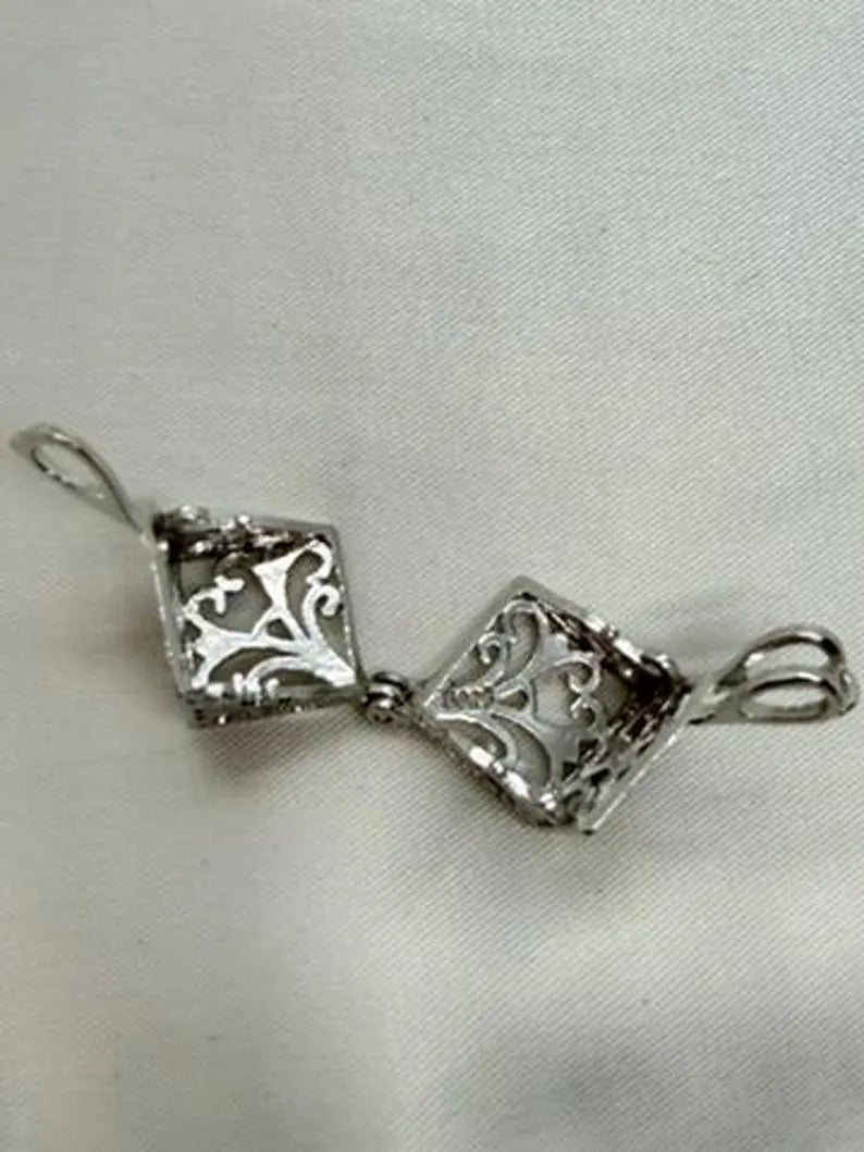 Sterling Silver Gemstone Cage Pendant • Lovely Blossom Cube • Interchangeable Necklace • Fits 8mm Gem (or 4pcs 5mm) • White Gold Plated