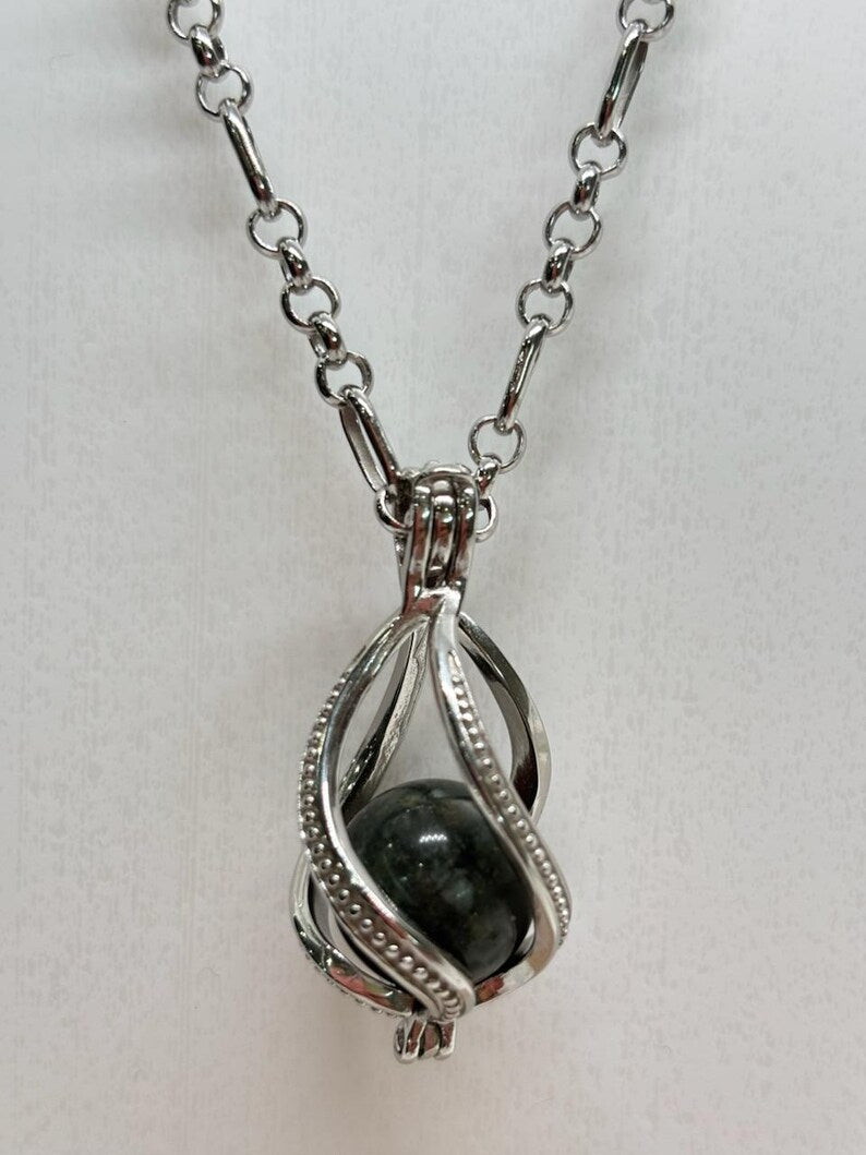 Sterling Silver Cage Pendant with Gemstone Options • Large Twist Design • White Gold Plated • Red Agate • Rainbow Obsidian • Bloodstone