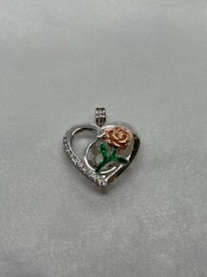 Romantic Cage Pendant Gift • Rose Gold Bloom on Green Stem in 925 CZ Heart • Sterling Silver White Gold Plated • Fits 6mm Gem • Gem Options