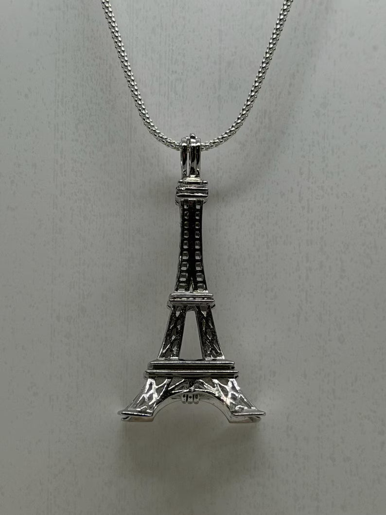 Sterling Silver Gemstone Cage Pendant • Eiffel Tower • 925 Crystal Holder • Birthstone Pendant • Fits 6mm (or 4 pcs 5mm) • White Gold Plated