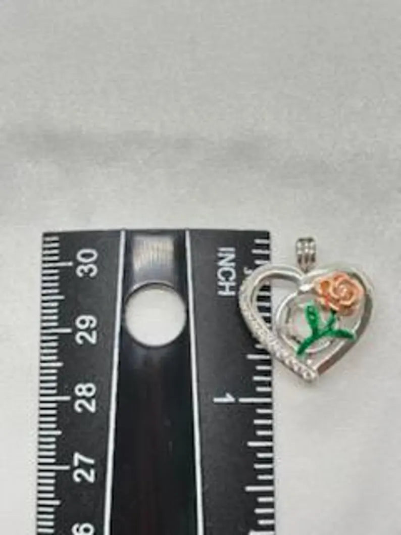 Romantic Cage Pendant Gift • Rose Gold Bloom on Green Stem in 925 CZ Heart • Sterling Silver White Gold Plated • Fits 6mm Gem • Gem Options