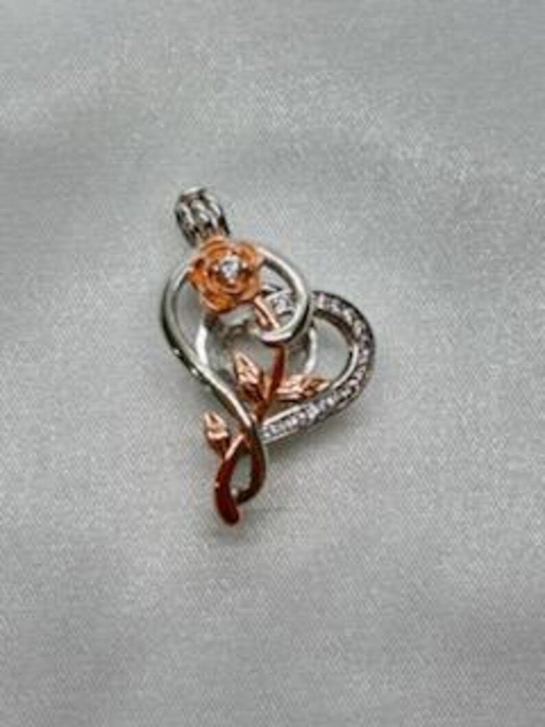 Romantic Cage Pendant Gift • Rose Gold CZ Flower in Sterling Silver CZ Heart • Sterling Silver White Gold Plated • Fits 6mm Gem • Gem Option