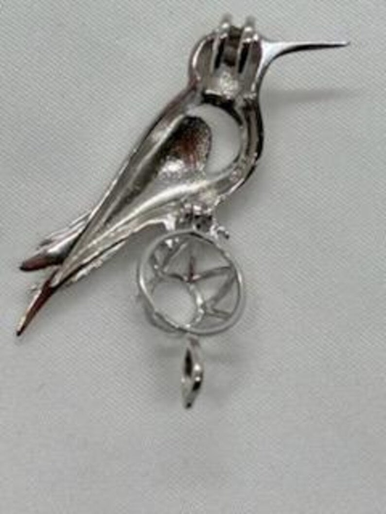 Sterling Silver Gemstone Cage Pendant • Precious Hummingbird • Fits 8mm Gem • White Gold Plated
