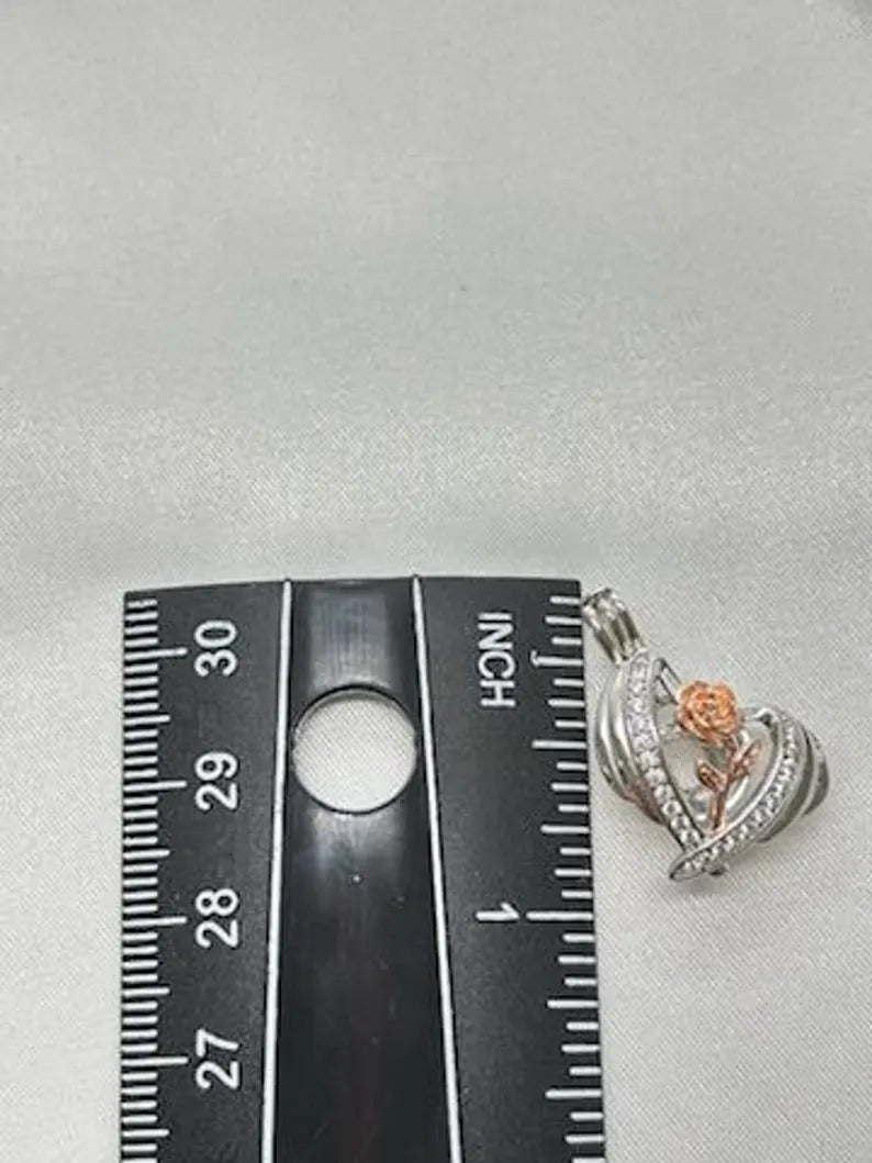 Romantic Cage Pendant Gift • Rose Gold Flower Bloom in 925 CZ Heart • Sterling Silver (White Gold Plated) • Fits 6mm Gem • With Gem Options