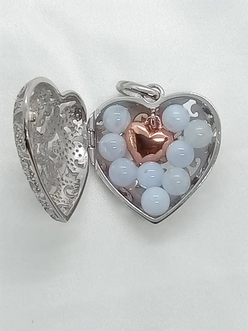 Elegant Heart Filigree Sterling Silver Locket Pendant Necklace • Hidden Surprise Inner Dangling Rose Gold Heart