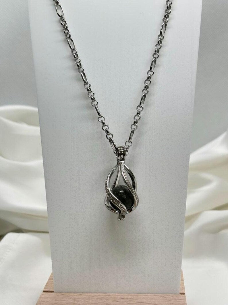 Sterling Silver Cage Pendant with Gemstone Options • Large Twist Design • White Gold Plated • Red Agate • Rainbow Obsidian • Bloodstone