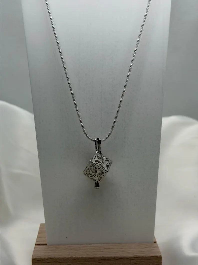 Sterling Silver Gemstone Cage Pendant • Lovely Blossom Cube • Interchangeable Necklace • Fits 8mm Gem (or 4pcs 5mm) • White Gold Plated