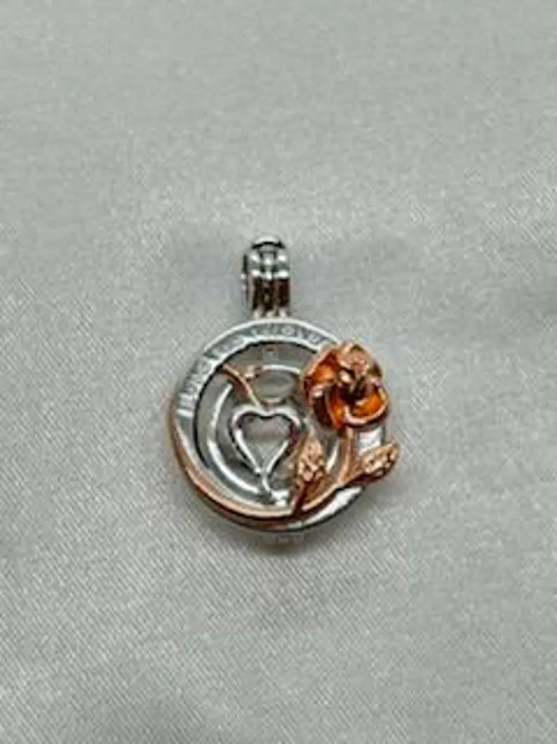 Romantic Cage Pendant Gift • 'I Love You Forever' Rose Gold Flower with Silver Heart • Fits 6mm Gem • Sterling Silver (White Gold Plated)