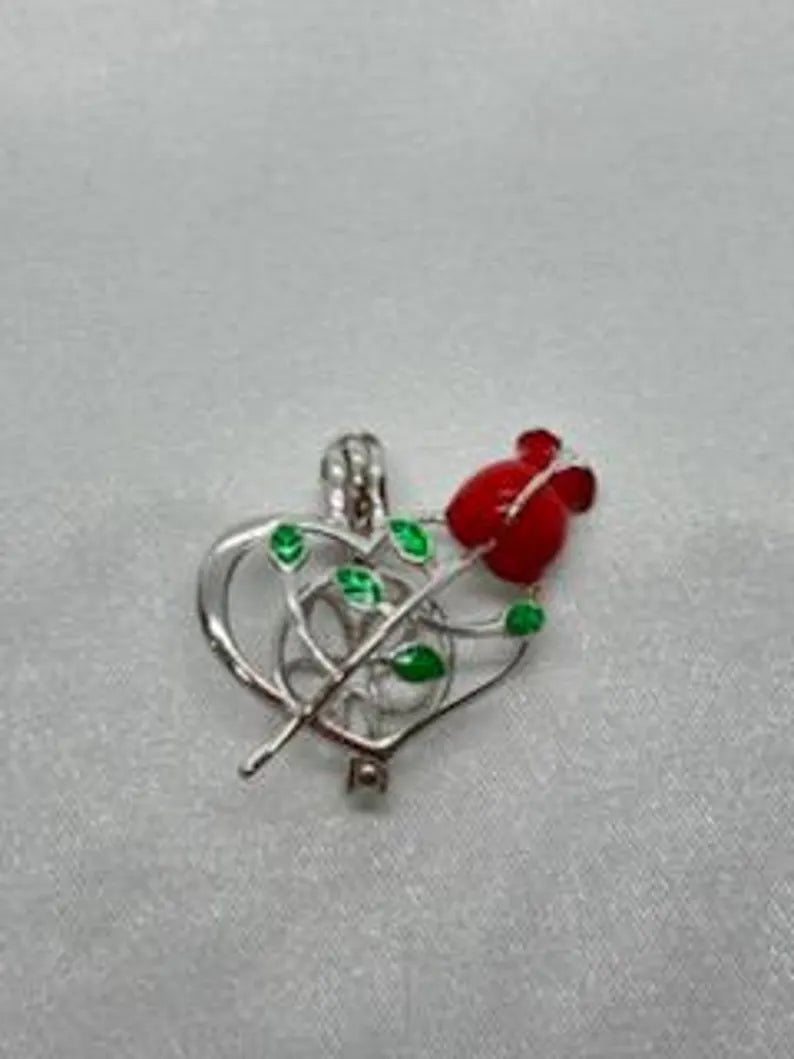 Romantic Cage Pendant Gift • Red Rose + Green Leaves Sterling Silver (White Gold Plated) • Fits 6mm Gem • with Gemstone Options