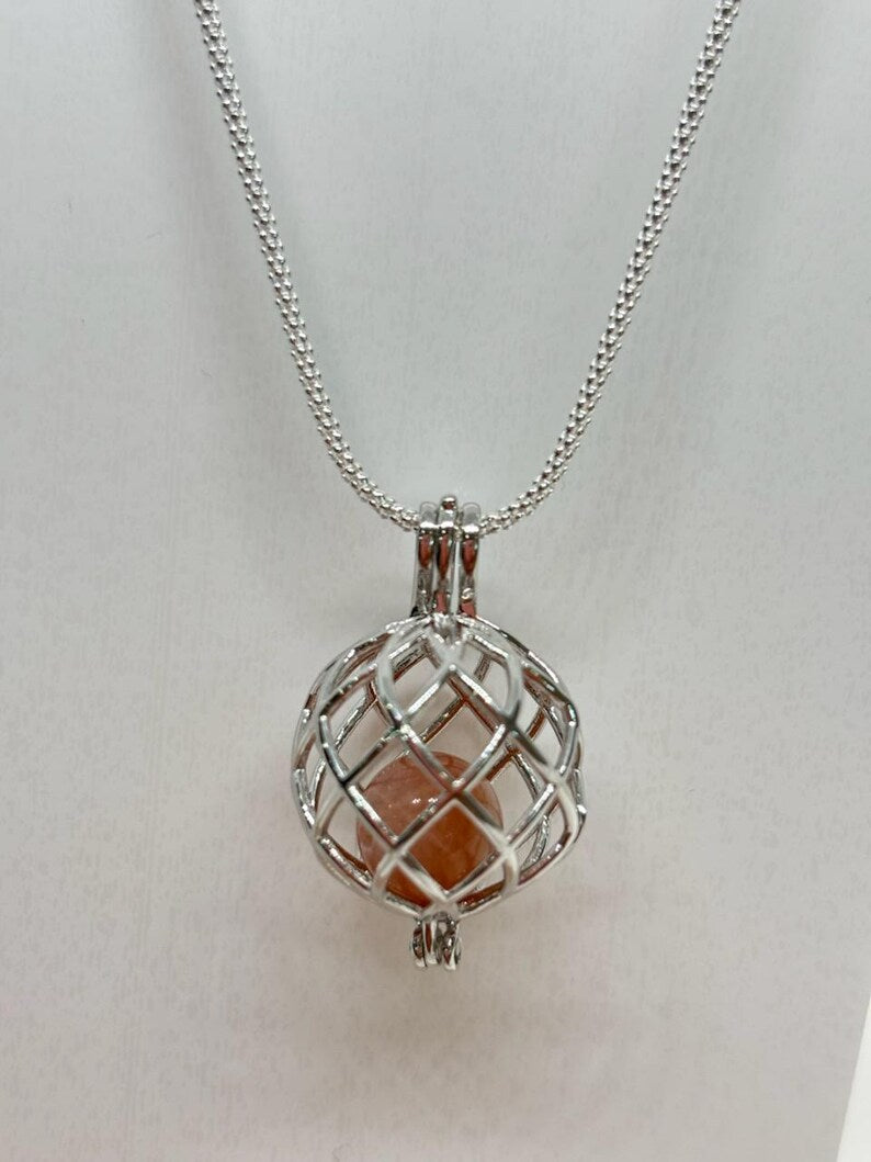 Sterling Silver Cage Pendant with Gemstone Options • Round Classic • White Gold Plated • Jade • Jasper • Peach Moonstone • Blue Lace Agate