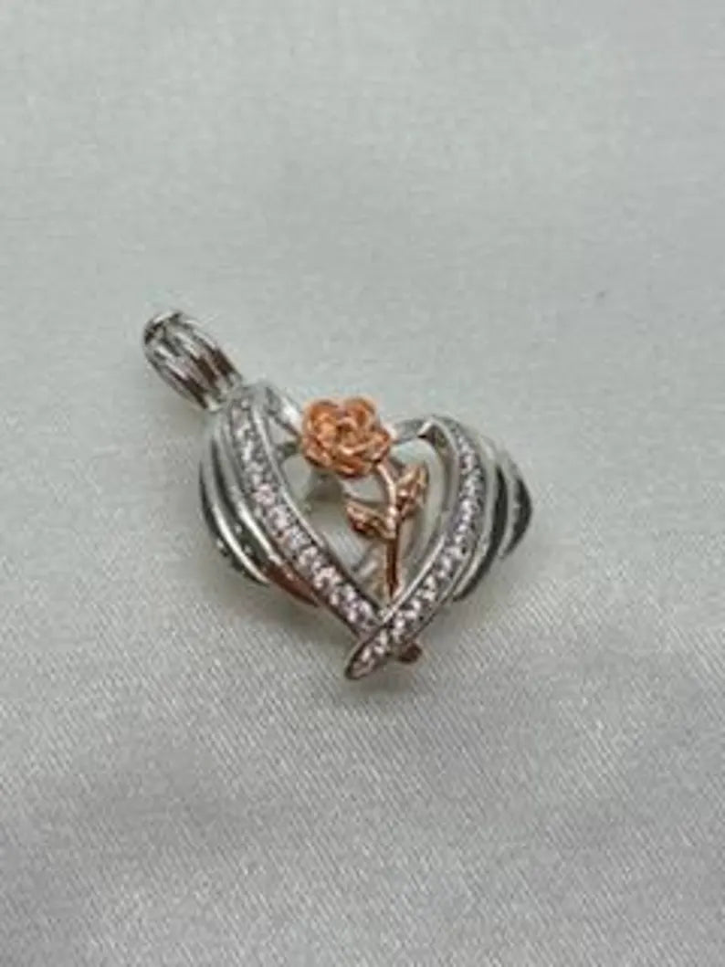 Romantic Cage Pendant Gift • Rose Gold Flower Bloom in 925 CZ Heart • Sterling Silver (White Gold Plated) • Fits 6mm Gem • With Gem Options