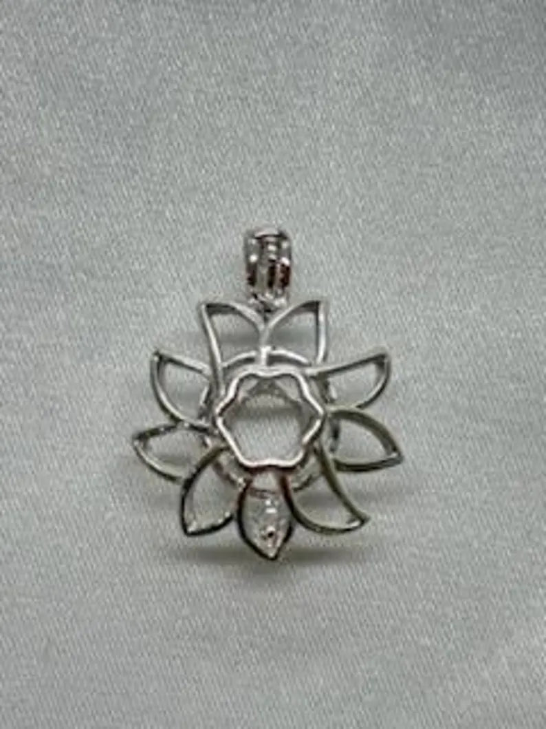 Sterling Silver Gemstone Cage Pendant • Sunflower Design • Fits 8mm Gem • Interchangeable Necklace • White Gold Plated