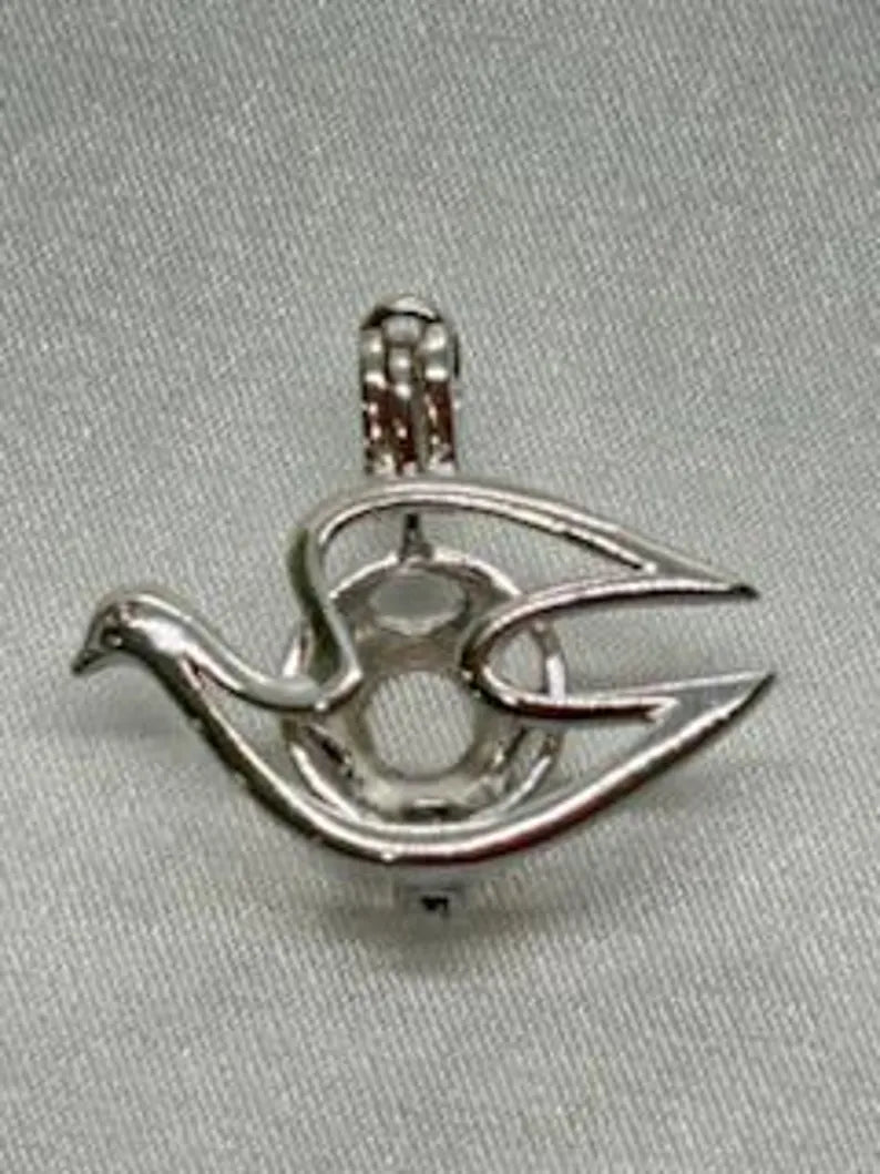Sterling Silver Gemstone Cage Pendant • Peace Dove • Fits 8mm Gem • White Gold Plated