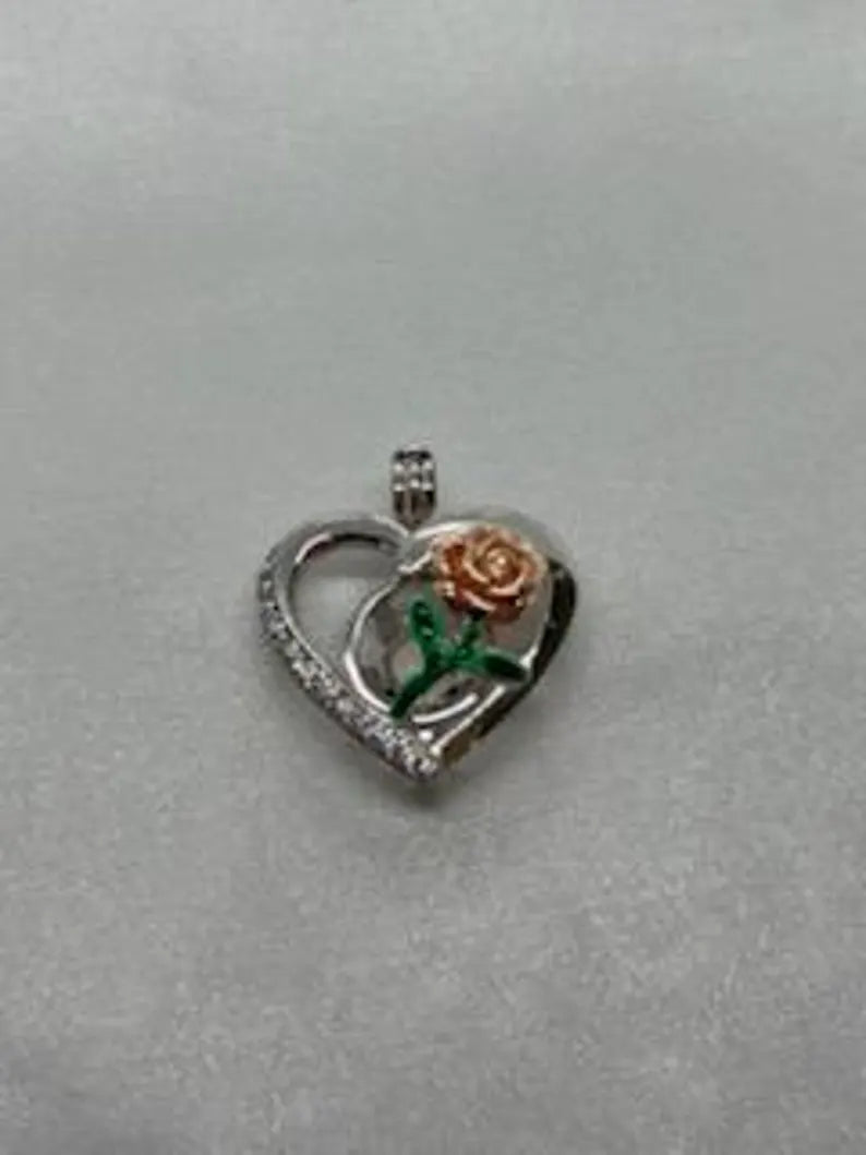 Romantic Cage Pendant Gift • Rose Gold Bloom on Green Stem in 925 CZ Heart • Sterling Silver White Gold Plated • Fits 6mm Gem • Gem Options
