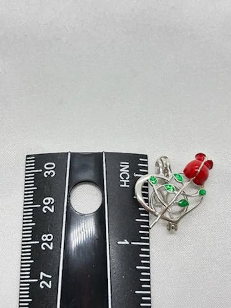Romantic Cage Pendant Gift • Red Rose + Green Leaves Sterling Silver (White Gold Plated) • Fits 6mm Gem • with Gemstone Options