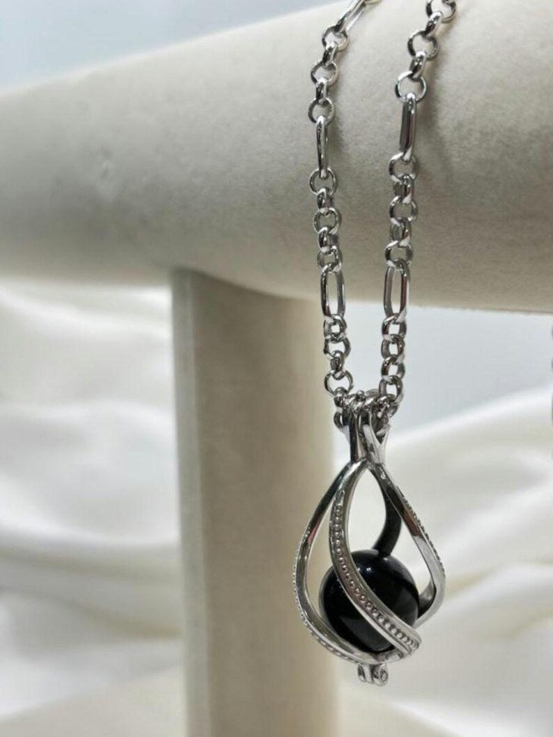 Sterling Silver Cage Pendant with Gemstone Options • Large Twist Design • White Gold Plated • Red Agate • Rainbow Obsidian • Bloodstone