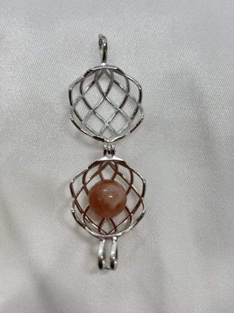 Sterling Silver Cage Pendant with Gemstone Options • Round Classic • White Gold Plated • Jade • Jasper • Peach Moonstone • Blue Lace Agate