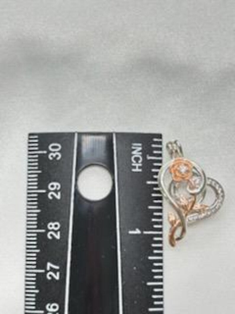 Romantic Cage Pendant Gift • Rose Gold CZ Flower in Sterling Silver CZ Heart • Sterling Silver White Gold Plated • Fits 6mm Gem • Gem Option
