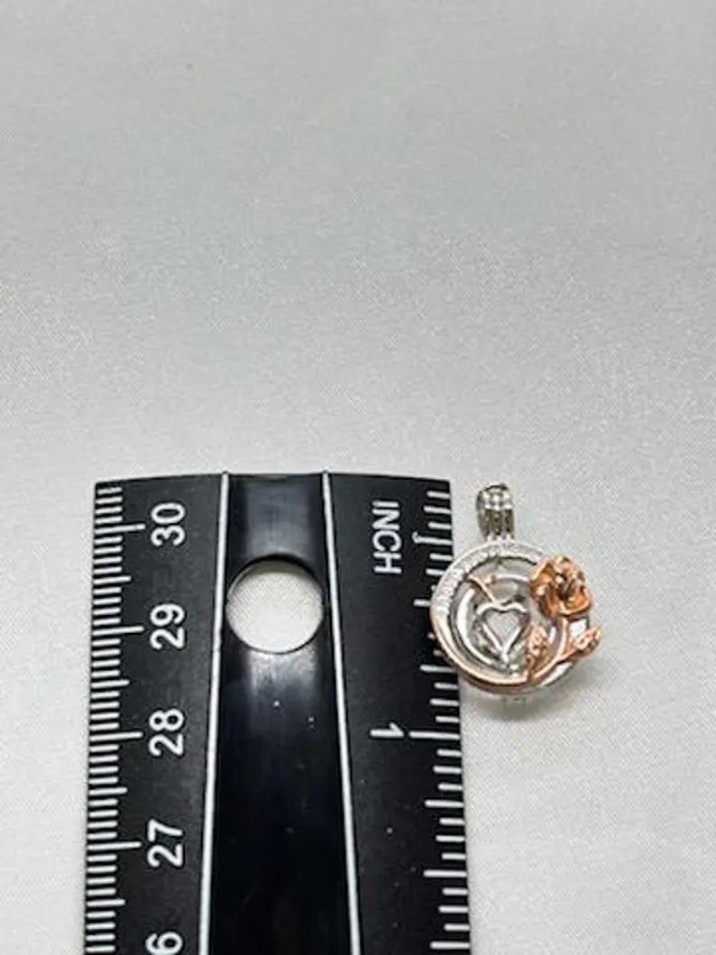 Romantic Cage Pendant Gift • 'I Love You Forever' Rose Gold Flower with Silver Heart • Fits 6mm Gem • Sterling Silver (White Gold Plated)