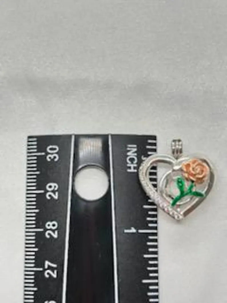 Romantic Cage Pendant Gift • Rose Gold Bloom on Green Stem in 925 CZ Heart • Sterling Silver White Gold Plated • Fits 6mm Gem • Gem Options