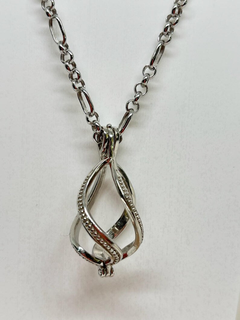 Sterling Silver Cage Pendant with Gemstone Options • Large Twist Design • White Gold Plated • Red Agate • Rainbow Obsidian • Bloodstone