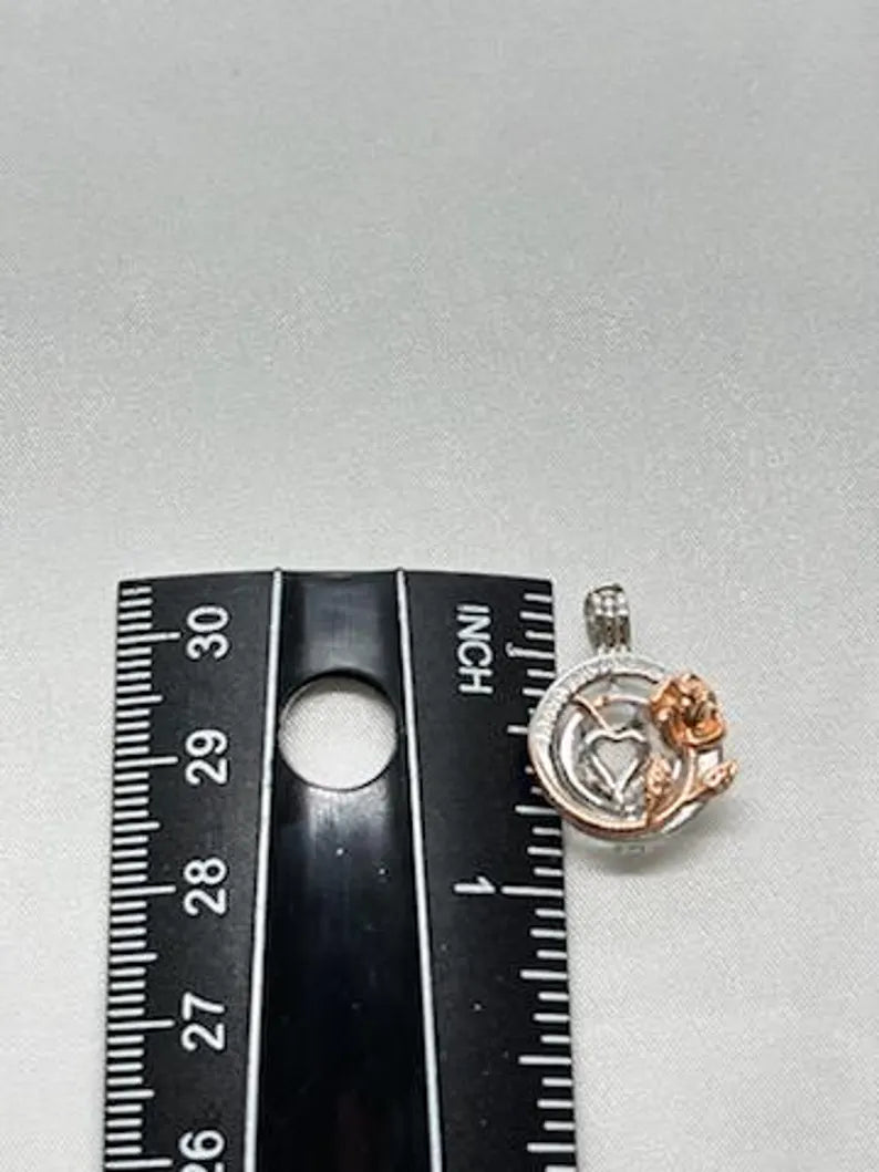 Romantic Cage Pendant Gift • 'I Love You Forever' Rose Gold Flower with Silver Heart • Fits 6mm Gem • Sterling Silver (White Gold Plated)