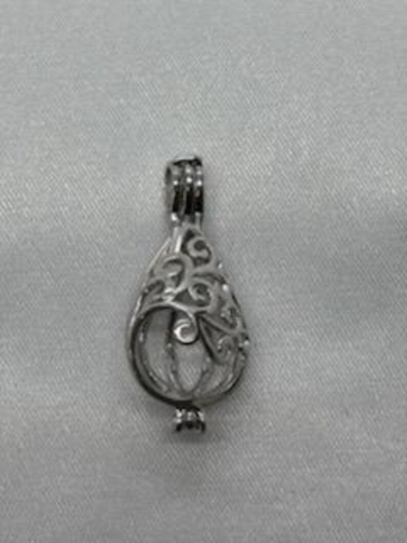Sterling Silver Gemstone Cage Pendant • Flowing Waterdrop • Fits 8mm Gem • White Gold Plated