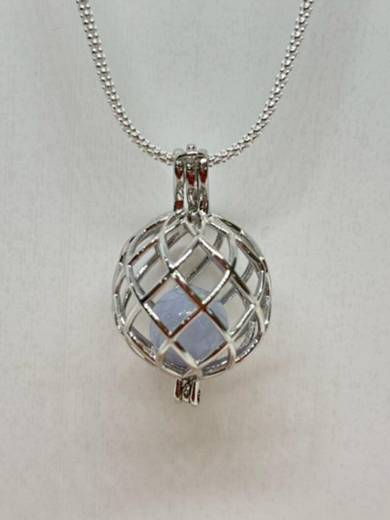 Sterling Silver Cage Pendant with Gemstone Options • Round Classic • White Gold Plated • Jade • Jasper • Peach Moonstone • Blue Lace Agate