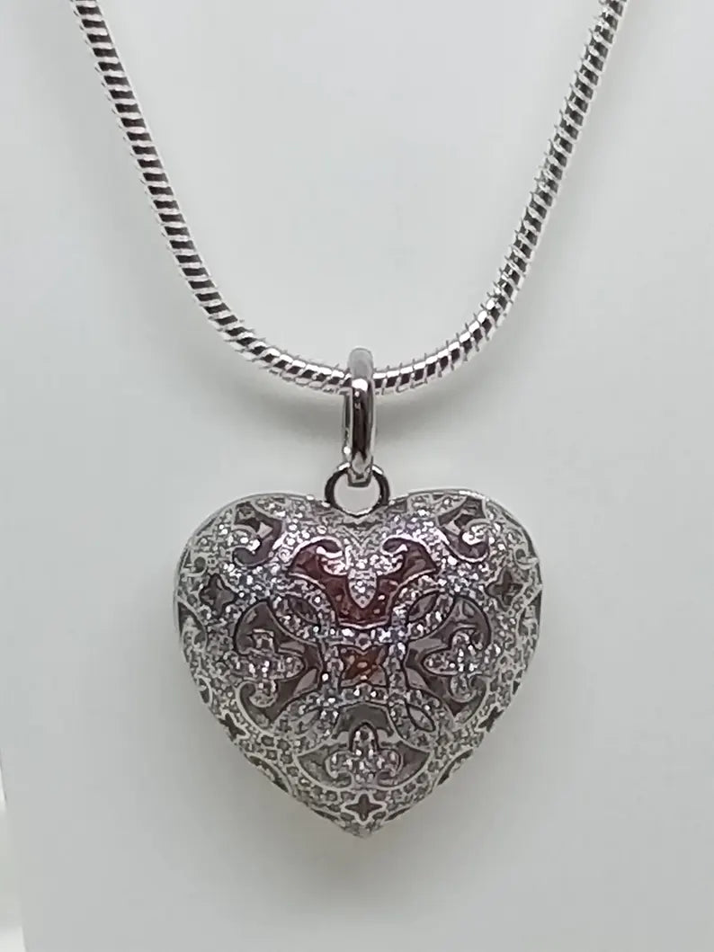 Elegant Heart Filigree Sterling Silver Locket Pendant Necklace • Hidden Surprise Inner Dangling Rose Gold Heart