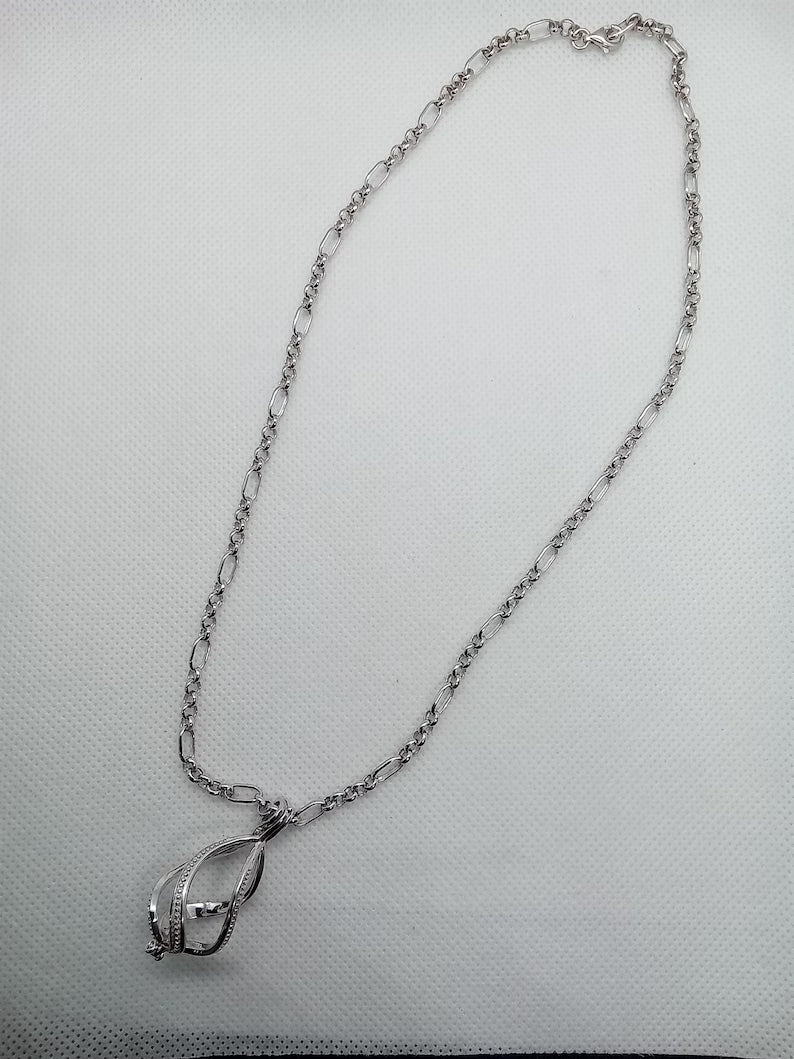 Sterling Silver Gemstone Cage Pendant • Large Twist Design • Interchangeable Necklace • Fits 14mm Gem • White Gold Plated