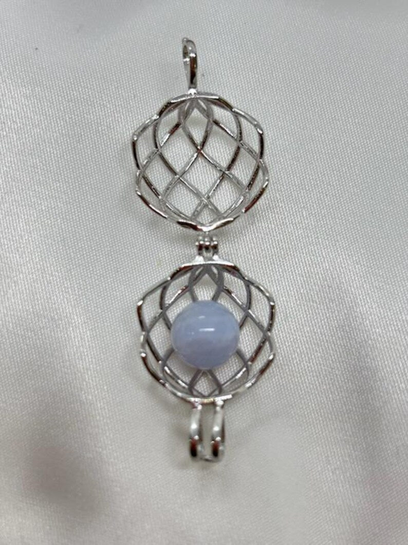 Sterling Silver Cage Pendant with Gemstone Options • Round Classic • White Gold Plated • Jade • Jasper • Peach Moonstone • Blue Lace Agate