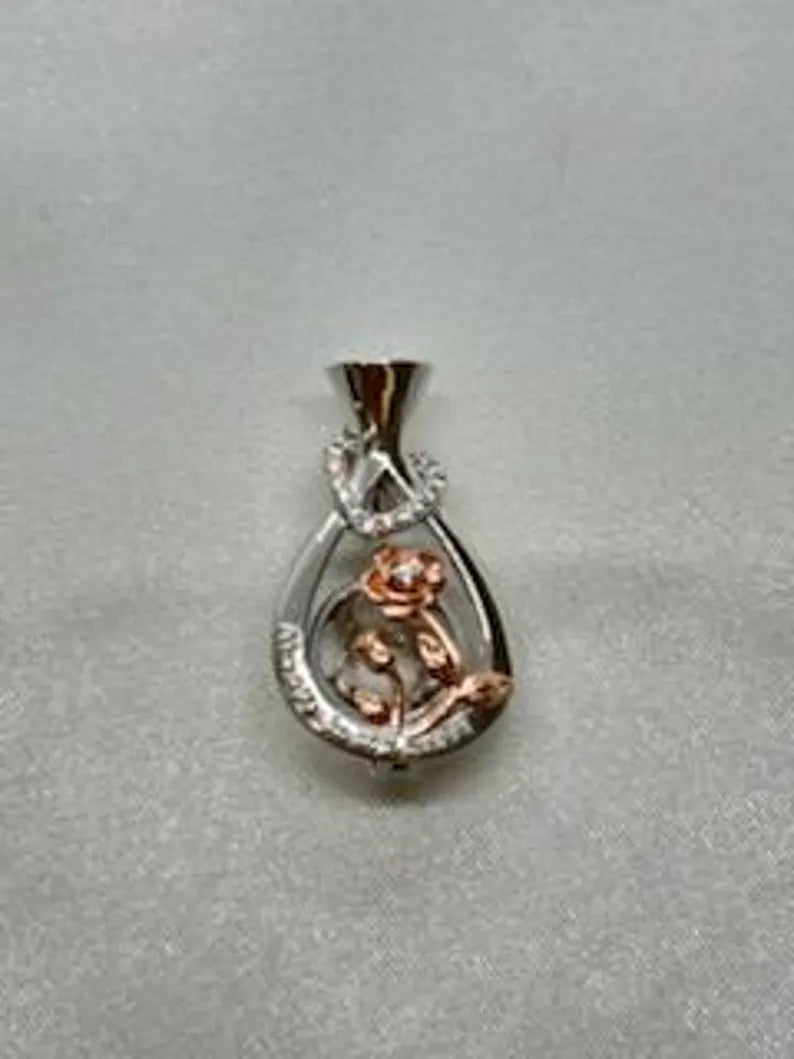 Romantic Cage Pendant Gift • 'Always in my Heart' Rose Gold CZ Blooms in Vase • Sterling Silver (White Gold Plated) • With Gemstone Options