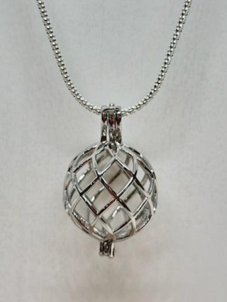 Sterling Silver Cage Pendant with Gemstone Options • Round Classic • White Gold Plated • Jade • Jasper • Peach Moonstone • Blue Lace Agate