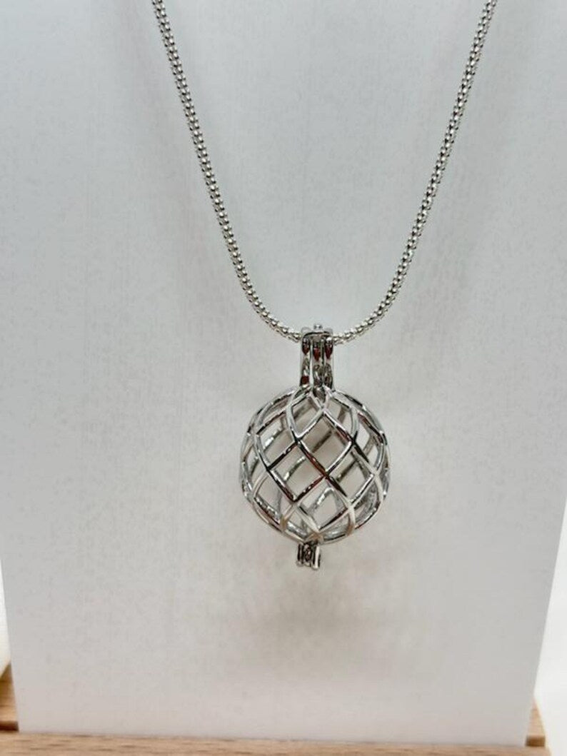Sterling Silver Cage Pendant with Gemstone Options • Round Classic • White Gold Plated • Jade • Jasper • Peach Moonstone • Blue Lace Agate