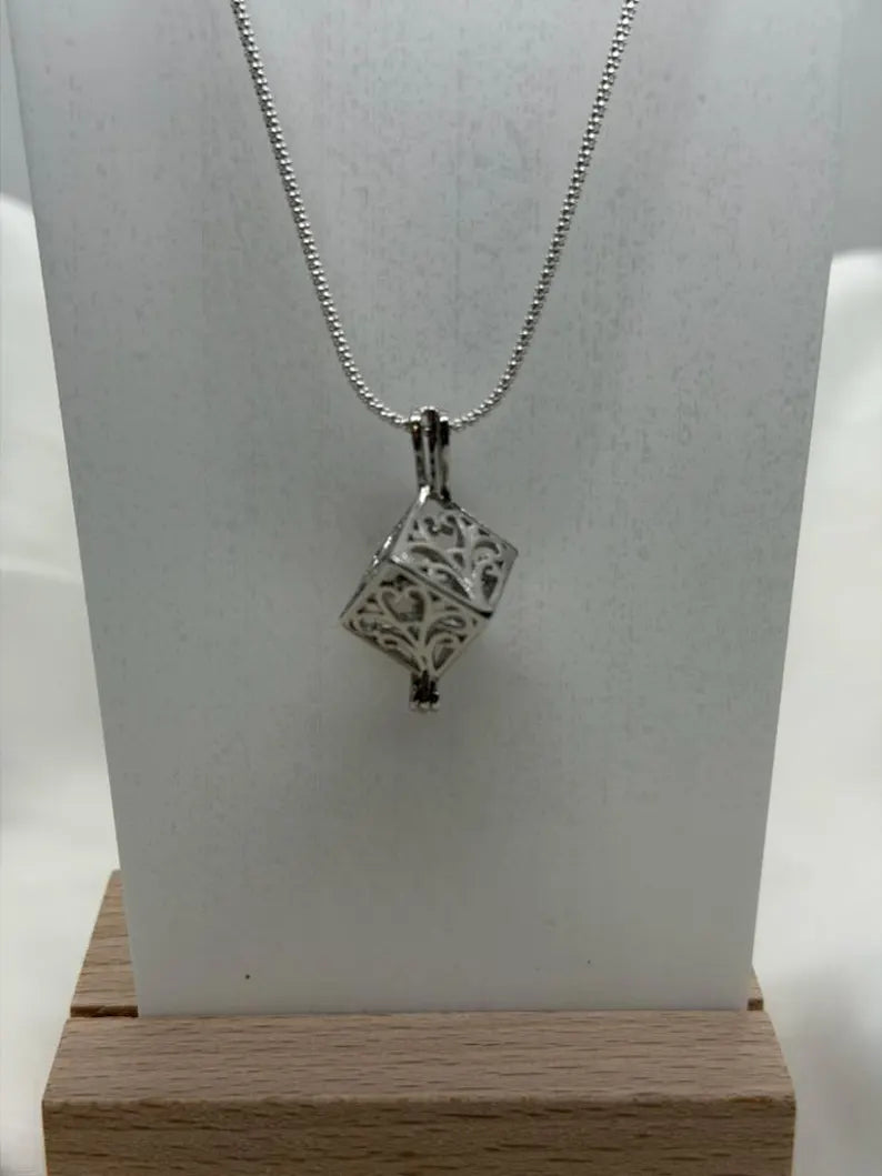 Sterling Silver Gemstone Cage Pendant • Lovely Blossom Cube • Interchangeable Necklace • Fits 8mm Gem (or 4pcs 5mm) • White Gold Plated
