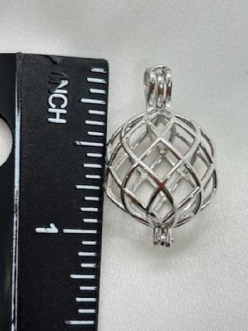 Sterling Silver Cage Pendant with Gemstone Options • Round Classic • White Gold Plated • Jade • Jasper • Peach Moonstone • Blue Lace Agate